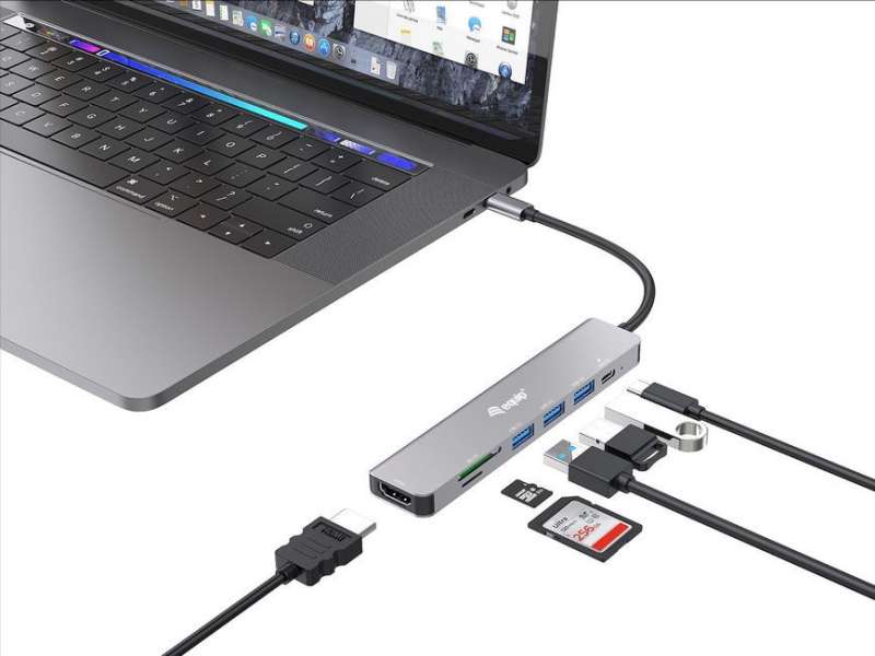 EQuip USB-C 7 in 1 Multifunctional Adapter, HDMI 4K/60Hz, USB 3.2 Gen1 x 3 , TF/MICRO SD, 100W USB PD