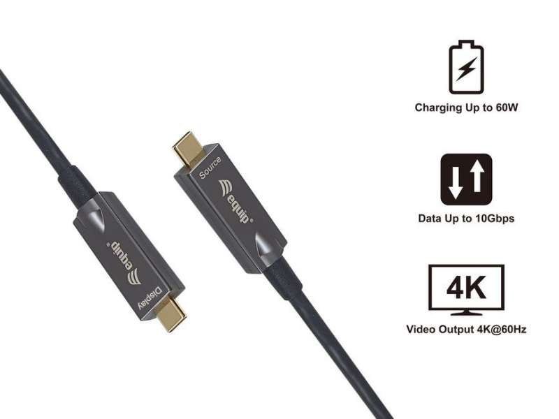EQuip USB-C to C Active Optical Cable M/M 15m PD 60W 4K/60Hz 10Gbps Black