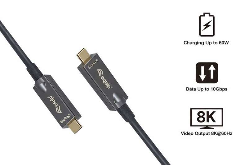 EQuip USB-C to C USB 3.2 Gen 2 10Gbps PD 60W 8K 60Hz Active Optical Cable 10m Black
