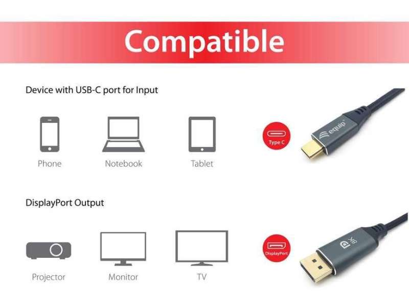 EQuip USB-C to DisplayPort 8K/60Hz cable 3m Black