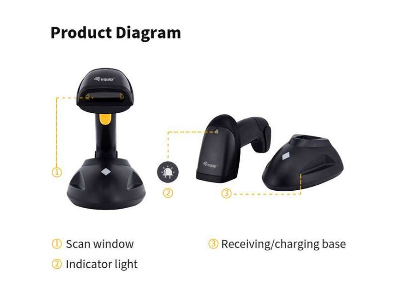 EQuip Wireless 1D Laser Barcode Scanner Long Distance with Stand Vonalkódolvasó Black