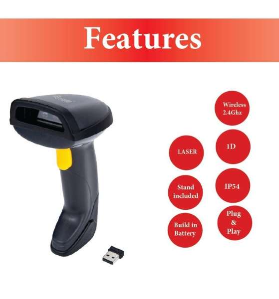 EQuip Wireless 1D Laser Barcode Scanner with Stand Vonalkódolvasó Black
