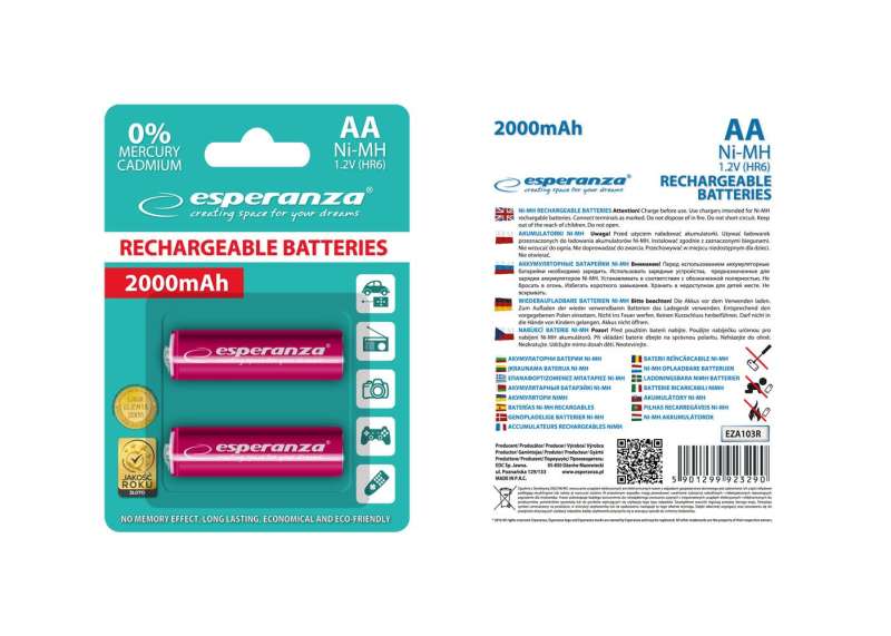 Esperanza 2000mAh AA Ni-MH akkumulátor 2db/csomag Red