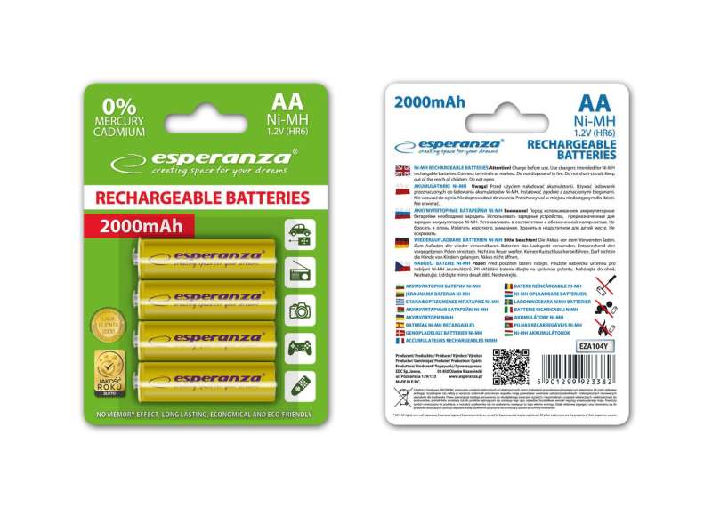 Esperanza 2000mAh AA Ni-MH akkumulátor 4db/csomag Yellow