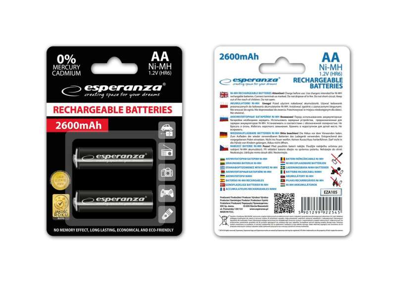 Esperanza 2600mAh AA Ni-MH akkumulátor 2db/csomag Black