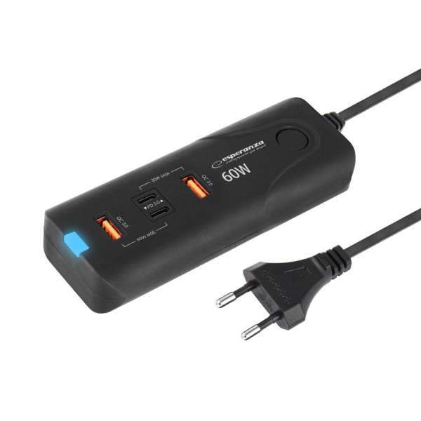 Esperanza EZC109 Quick Power Charger 60W 2x USB-C PD 30W / 2x USB-A QC 3.0 18W Black