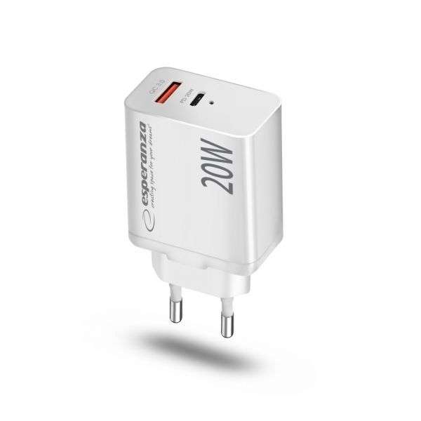 Esperanza Quich Power Charger 20W USB-C PD 20W / USB-A QC 3.0 18W White