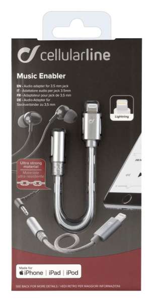 Cellularline Extra durable Music Enabler adapter from Lightning connector to 3.5 mm jack, MFI certification, gray Cellularline Extra durable Music Enabler adapter from Lightning connector to 3.5 mm jack, MFI certification, gray