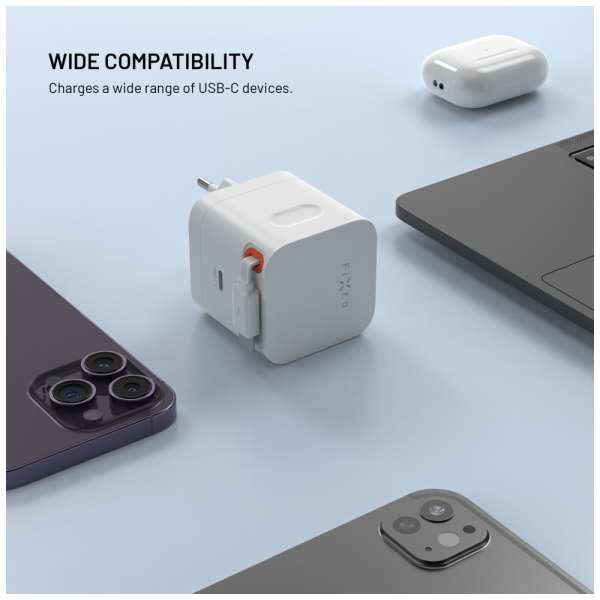 FIXED 2xUSB-C töltő visszahúzható kábellel, GaN PD 3.0 támogatással, 65W, fehér