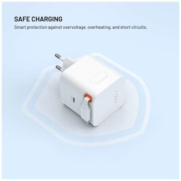 FIXED 2xUSB-C töltő visszahúzható kábellel, GaN PD 3.0 támogatással, 65W, fehér