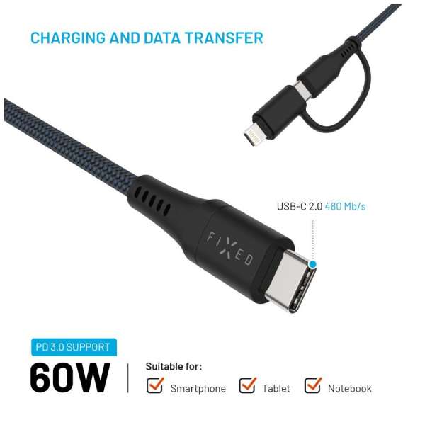 FIXED USB-C/USB-C/Lightning MFi PD 60W adapter kábel 2m szürke