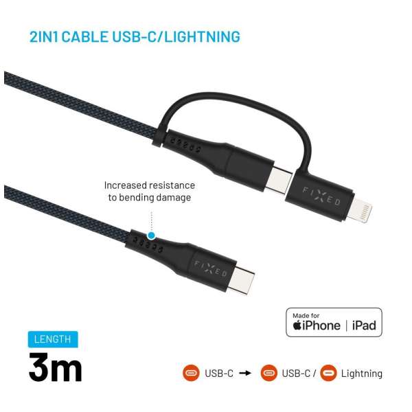 FIXED USB-C/USB-C/Lightning MFi PD 60W adapter kábel 3m szürke