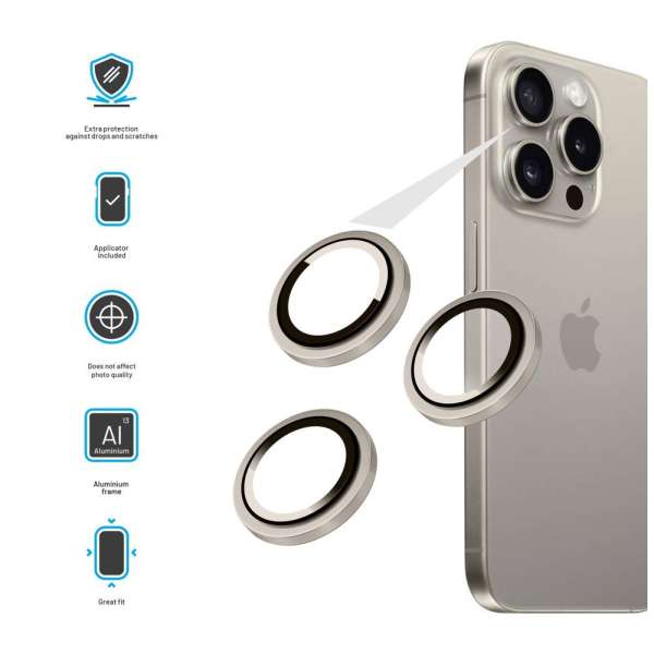 FIXED edzett üveg kamera lencsevédő Apple iPhone 15 Pro/Pro Max telefonokhoz, titanium színű, 100%-ban átlátszó