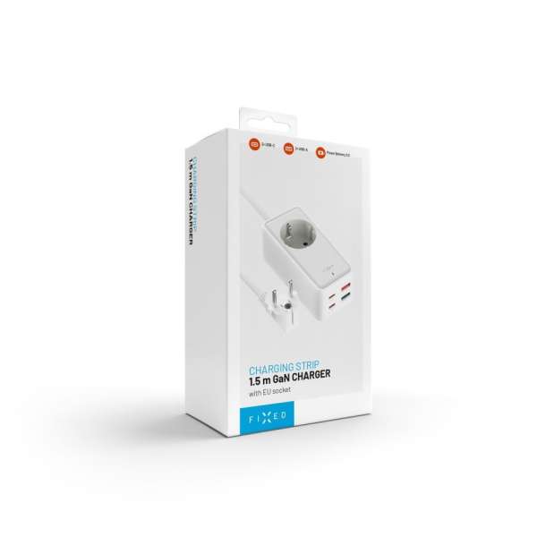 FIXED hálózati USB töltő, GaN III technológia, kimenetetk: 2 * USB-A QC3.0, 2 * USB-C PD3.0 65W , 1*220V, 1.5m kábel, fehér