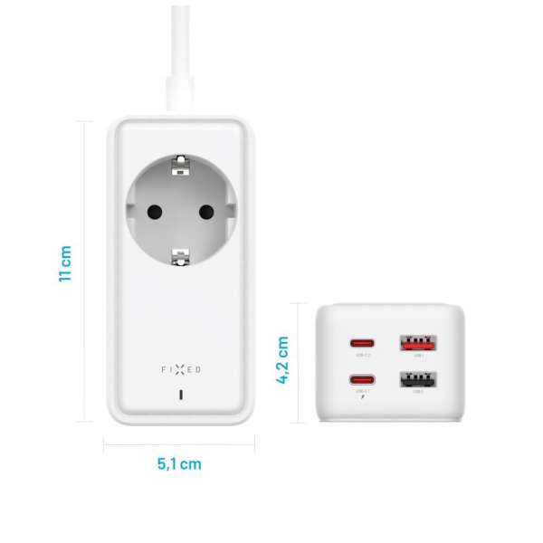 FIXED hálózati USB töltő, GaN III technológia, kimenetetk: 2 * USB-A QC3.0, 2 * USB-C PD3.0 65W , 1*220V, 1.5m kábel, fehér