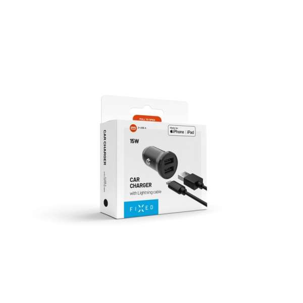 FIXED USB autós töltő 2 USB aljzattal 15W + USB/Lightning kábel, fekete, FIXCC15N-2UL-BK