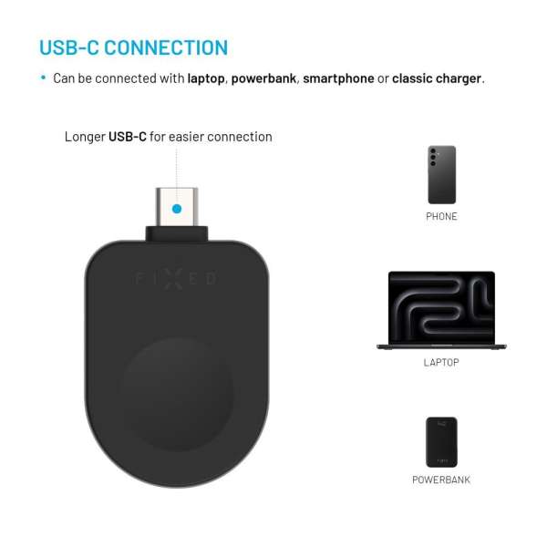 FIXED USB-C töltőadapter Apple Watch-hoz, Powerstation Uni készülékkel kompatibilis, fekete