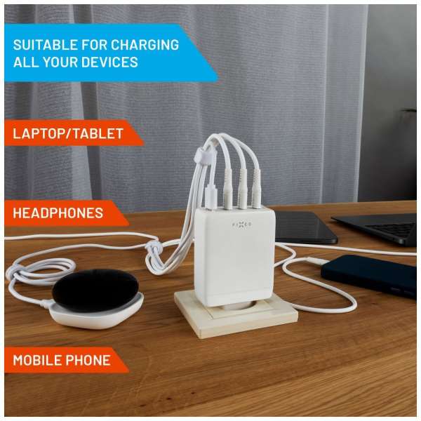 FIXED hálózati töltő 3xUSB-C 1xUSB-A kimenet, GaN technológia,PD 3.0, 100W, fehér