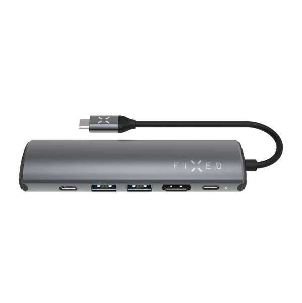 FIXED USB Type-C adapter, 2*USB-A, 1*-USB-C, 1*USB-C PD 100W, 1*RJ45 Gigabit, 1*HDMI 1.4 4k @ 60Hz, aluminium ház