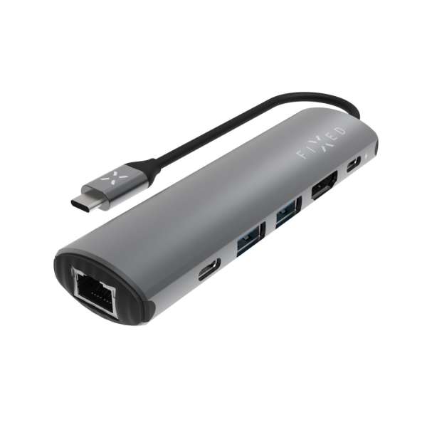 FIXED USB Type-C adapter, 2*USB-A, 1*-USB-C, 1*USB-C PD 100W, 1*RJ45 Gigabit, 1*HDMI 1.4 4k @ 60Hz, aluminium ház