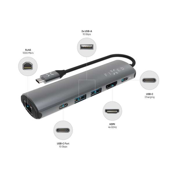 FIXED USB Type-C adapter, 2*USB-A, 1*-USB-C, 1*USB-C PD 100W, 1*RJ45 Gigabit, 1*HDMI 1.4 4k @ 60Hz, aluminium ház