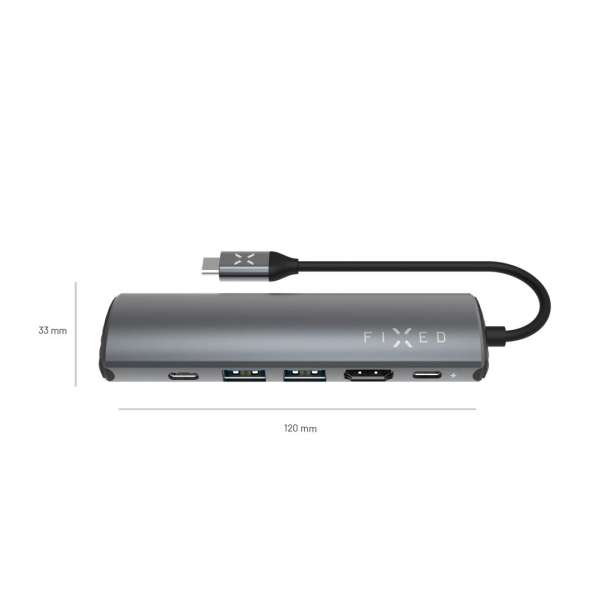 FIXED USB Type-C adapter, 2*USB-A, 1*-USB-C, 1*USB-C PD 100W, 1*RJ45 Gigabit, 1*HDMI 1.4 4k @ 60Hz, aluminium ház