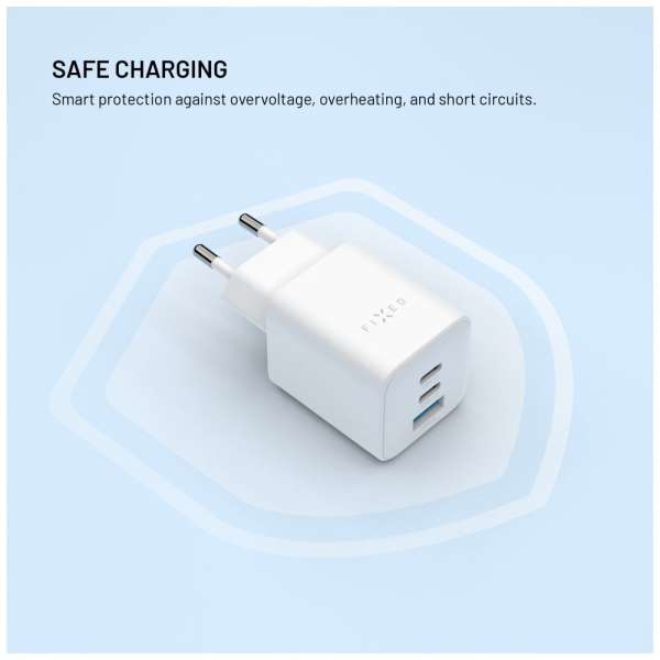 FIXED Mini 2x USB-C, USB-A GaN töltő adapter 65W, fehér