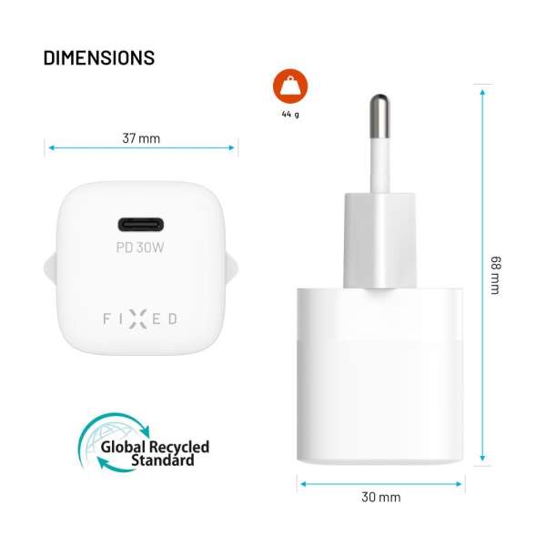 FIXED Mini GaN Charger 30W + USB-C/USB-C Cable White