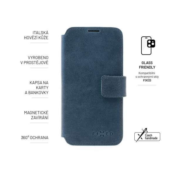 FIXED ProFit oldalra nyíló telefontok kézzel varrott valódi bőr, Samsung Galaxy A55 5G készülékhez, kék, FIXPFIT2-1263-BL