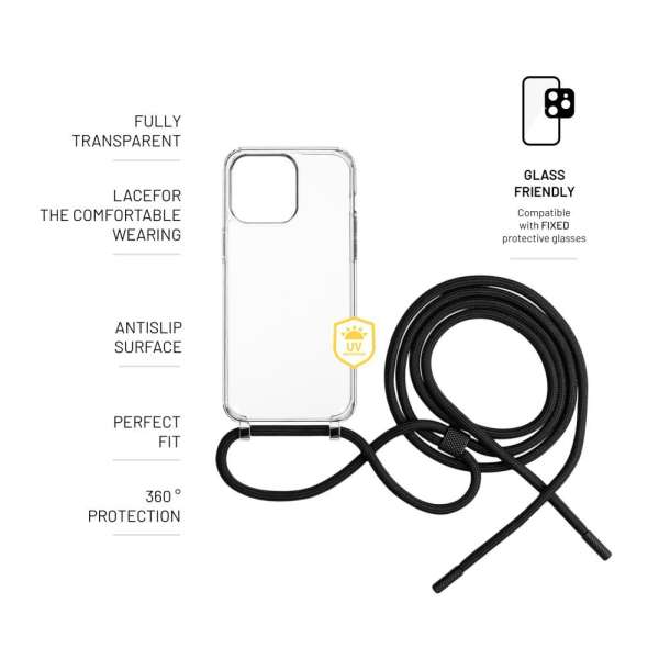 FIXED Pure Neck átlátszó tok Apple iPhone 15 Pro Max készülékhez, fekete nyakpánttal, átlátszó