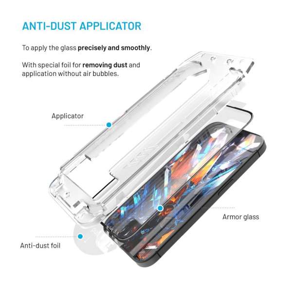 FIXED Rendkívül tartós edzett üveg por elleni aplikátorral Apple iPhone16 Pro készülékhez, fekete