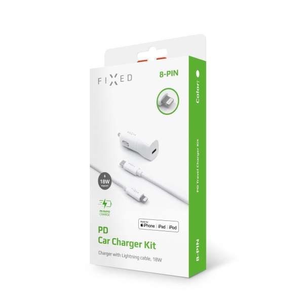 FIXED set of car charger with USB-C output and USB-C/Lightning cable, PD support, 1 meter, MFI, 18W, Fehér