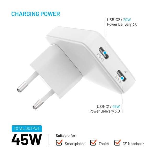FIXED Slim Traveller 2xUSB-C utazási töltő világadapter GaN 45W, fehér