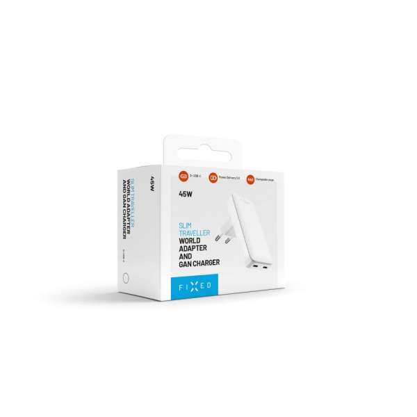 FIXED Slim Traveller 2xUSB-C utazási töltő világadapter GaN 45W, fehér