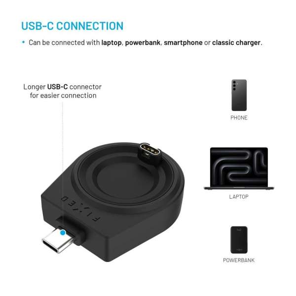 FIXED USB-C töltőadapter Garmin Fenix ​​5/6/7/7X/8, Epix, Venu 2/3/3S, Vívoactive 3/4/5 készülékekhez, fekete