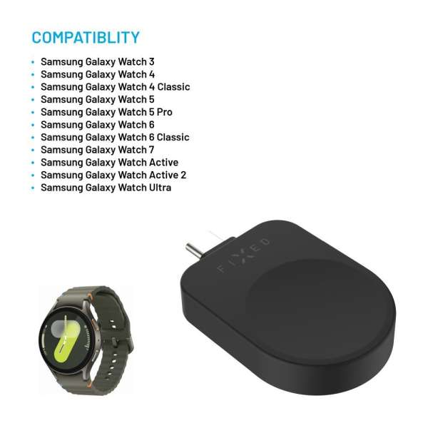 FIXED USB-C töltőadapter Samsung Galaxy Watchhoz, Powerstation Uni készülékkel kompatibilis, fekete