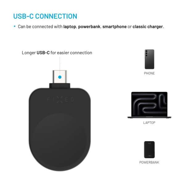 FIXED USB-C töltőadapter Samsung Galaxy Watchhoz, Powerstation Uni készülékkel kompatibilis, fekete