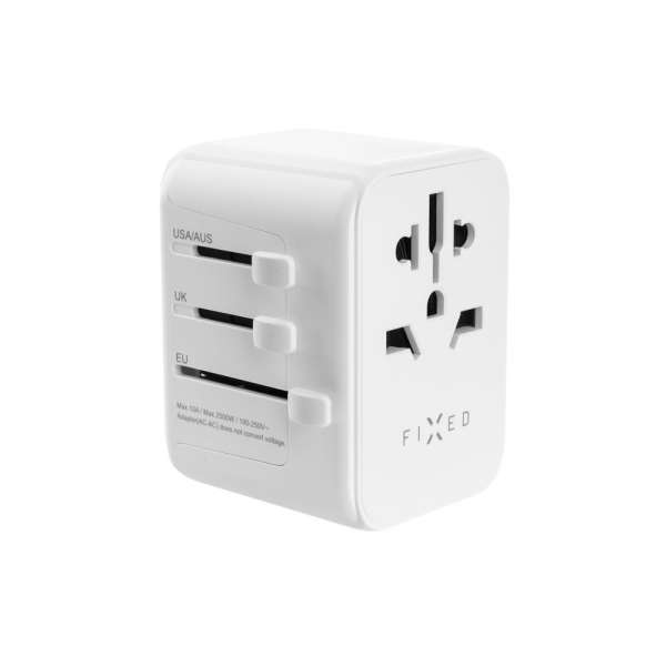 FIXED Utazóadapter EU, UK és USA/AUS számára, 1xUSB-C és 2xUSB kimenettel, GaN PD 30W, fehér
