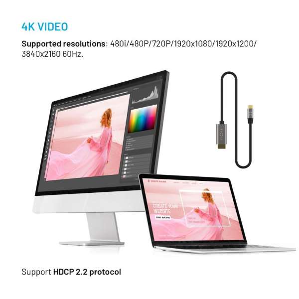 FIXED videó kábel USB-C/HDMI USB-C 3.1 Gen 2 18Gbps HDMI 2.0 4K60Hz 2m, szürke