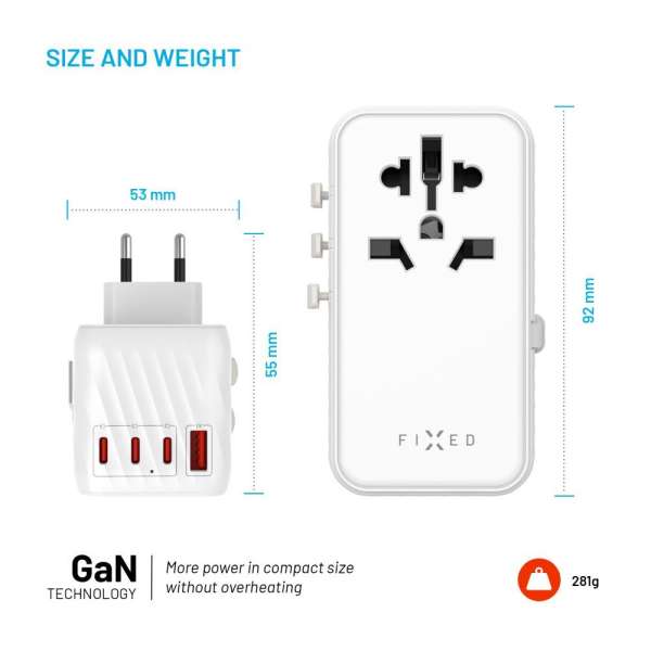 FIXED Voyager utazó adapter 3xUSB-C/1xUSB GaN 120W, fehér