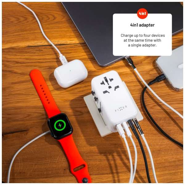 FIXED Voyager utazó adapter 3xUSB-C/1xUSB GaN 120W, fehér