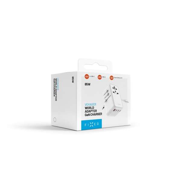 FIXED Voyager utazó adapter 4xUSB-C/1xUSB GaN 85W, fehér
