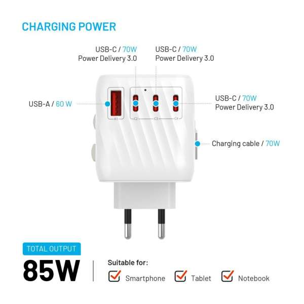 FIXED Voyager utazó adapter 4xUSB-C/1xUSB GaN 85W, fehér