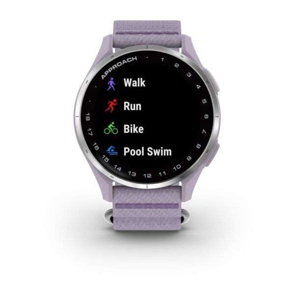 Garmin Approach J1 Silver Aluminum Bezel with Lilac ComfortFit Fabric Band