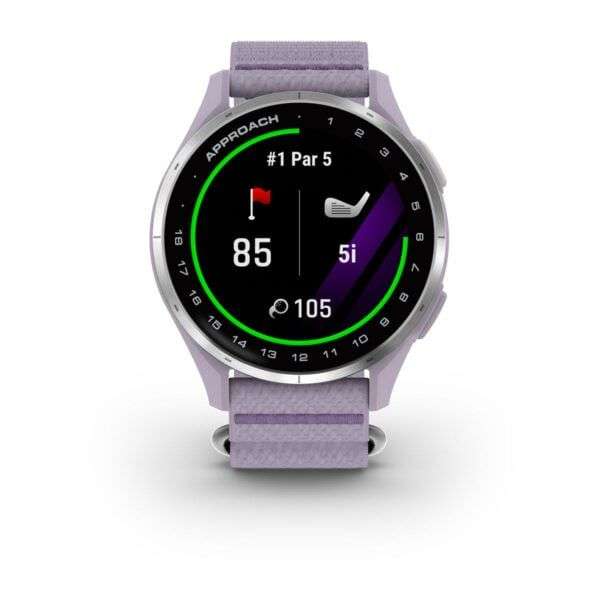 Garmin Approach J1 Silver Aluminum Bezel with Lilac ComfortFit Fabric Band
