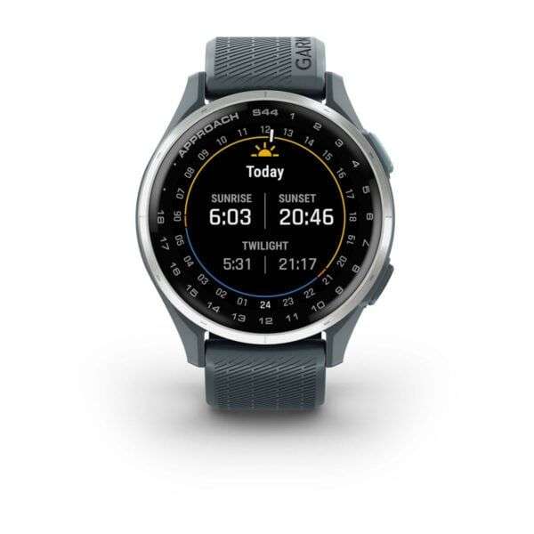 Garmin Approach S44 Silver Aluminum Bezel with Twilight Silicone Band