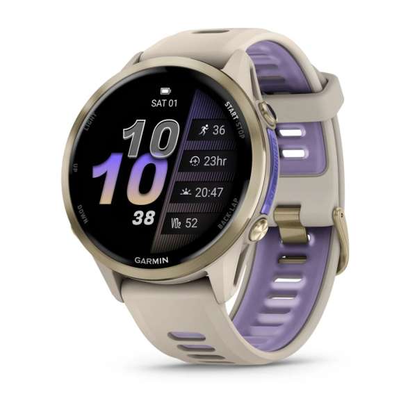 Garmin Forerunner 970 Soft Gold Titanium with French Grey Case and French Grey/Translucent Indigo Band