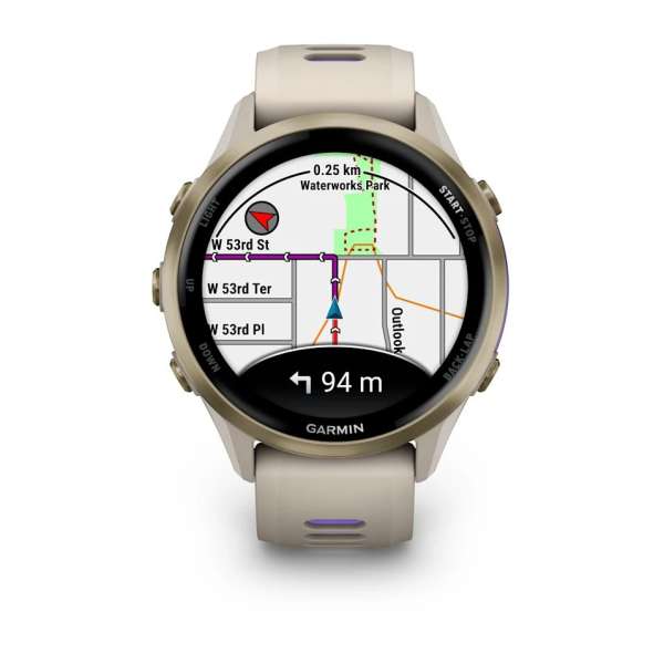 Garmin Forerunner 970 Soft Gold Titanium with French Grey Case and French Grey/Translucent Indigo Band