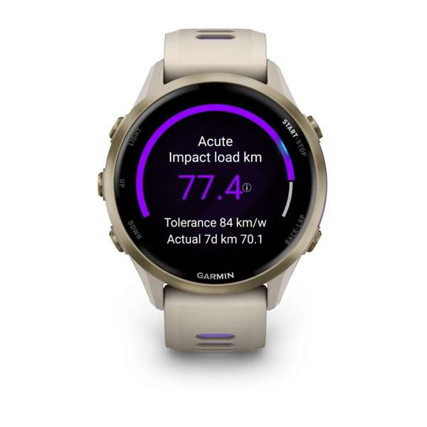 Garmin Forerunner 970 Soft Gold Titanium with French Grey Case and French Grey/Translucent Indigo Band