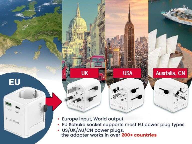 Gembird Grounded universal travel power adapter 20W White